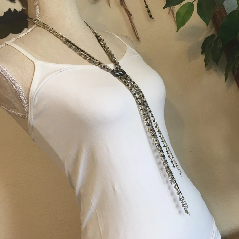 Multi tone chain tie style fringe sparkle necklace